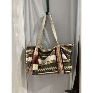 Astrid Multicolor Tote Bag Pompom Tassle Aztec Boho 22x12x6